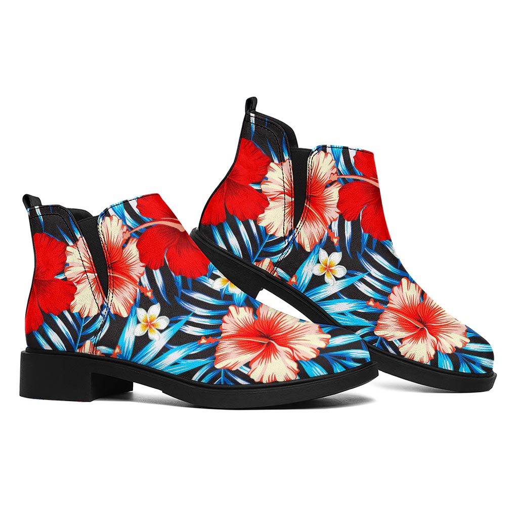 Turquoise Leaves Hibiscus Pattern Print Flat Ankle Boots