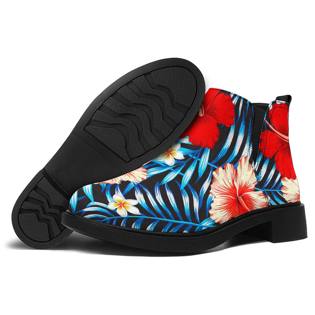 Turquoise Leaves Hibiscus Pattern Print Flat Ankle Boots