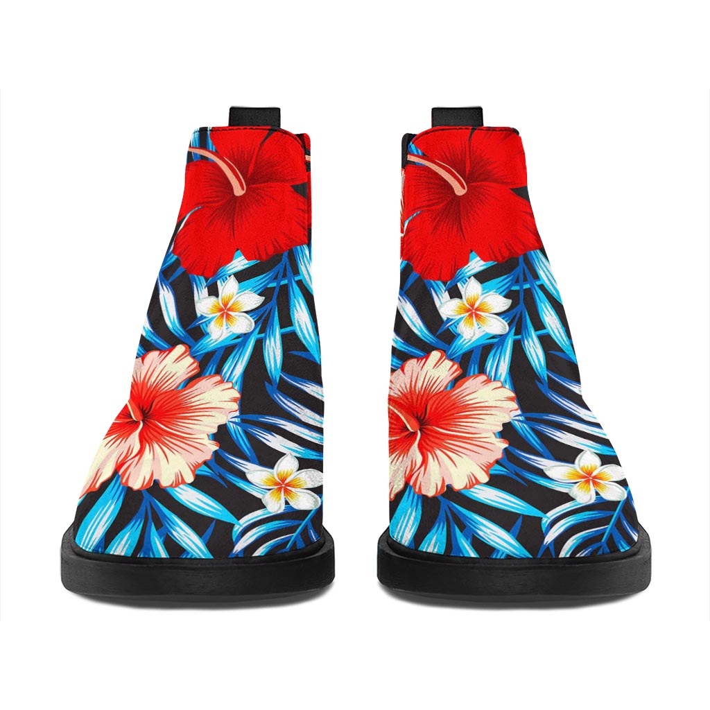 Turquoise Leaves Hibiscus Pattern Print Flat Ankle Boots