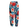 Turquoise Leaves Hibiscus Pattern Print Fleece Lined Knit Pants