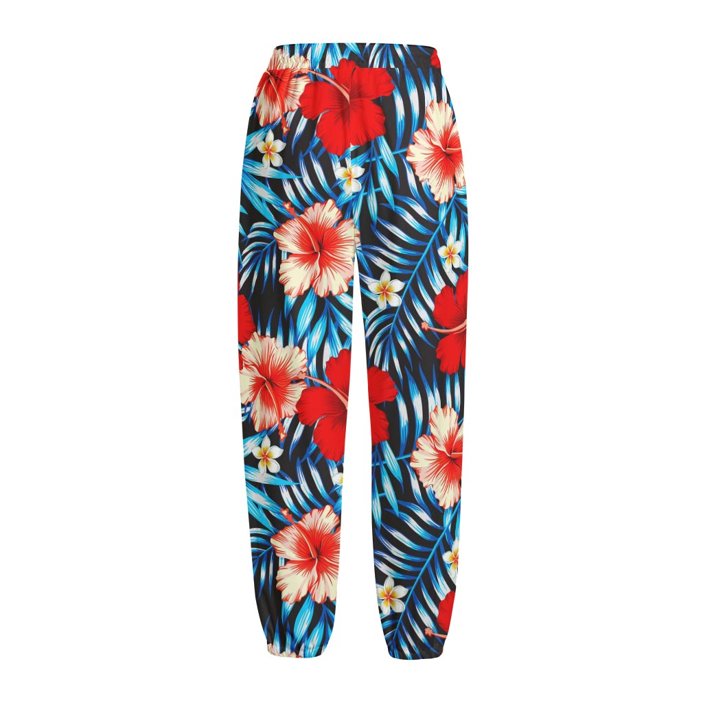Turquoise Leaves Hibiscus Pattern Print Fleece Lined Knit Pants