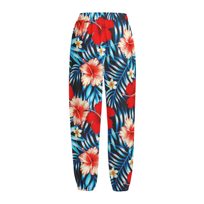 Turquoise Leaves Hibiscus Pattern Print Fleece Lined Knit Pants