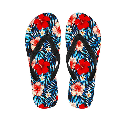 Turquoise Leaves Hibiscus Pattern Print Flip Flops
