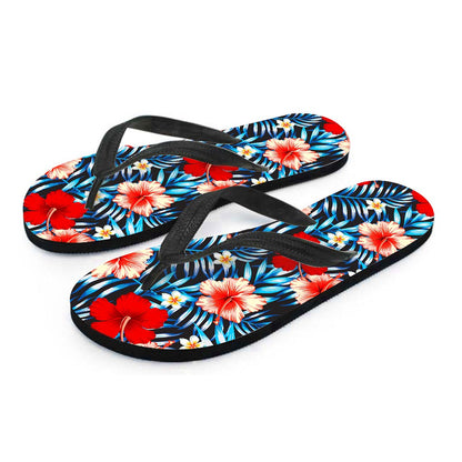 Turquoise Leaves Hibiscus Pattern Print Flip Flops