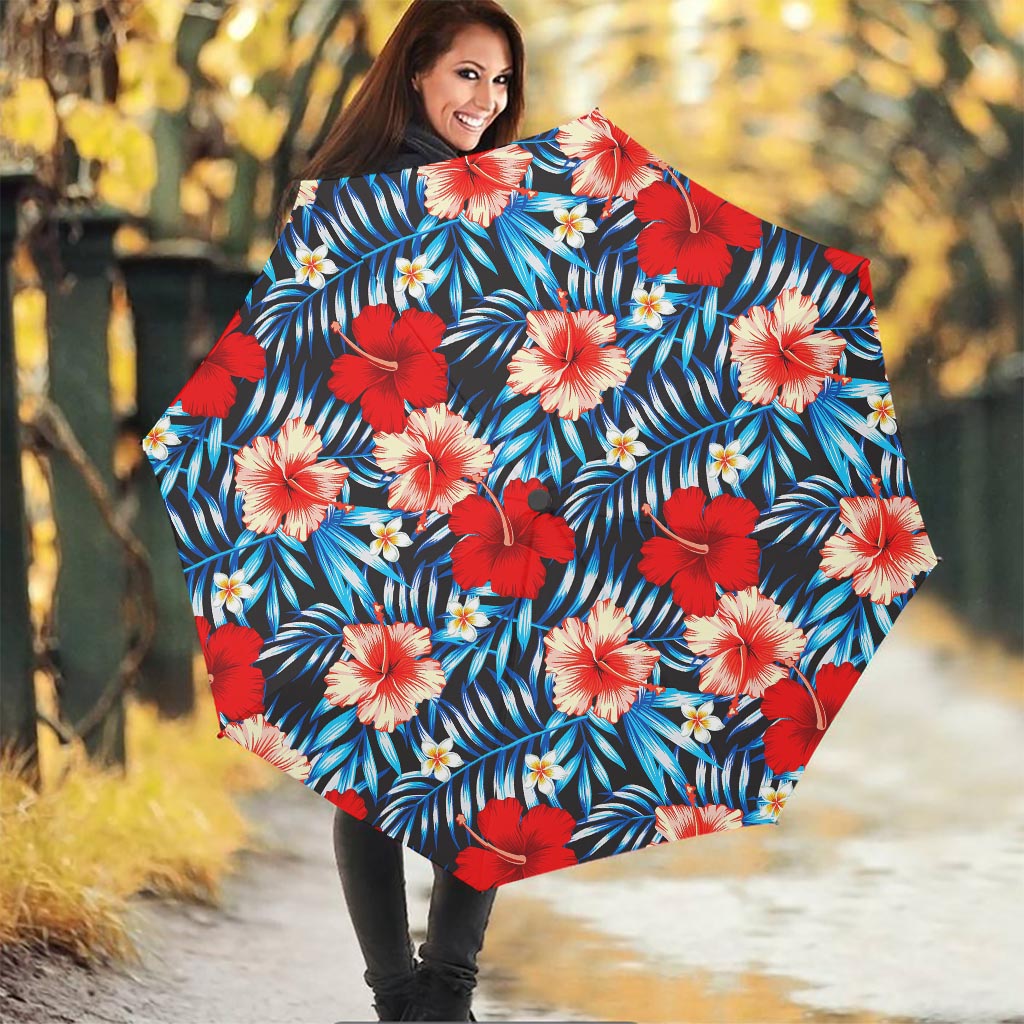 Turquoise Leaves Hibiscus Pattern Print Foldable Umbrella