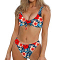 Turquoise Leaves Hibiscus Pattern Print Front Bow Tie Bikini