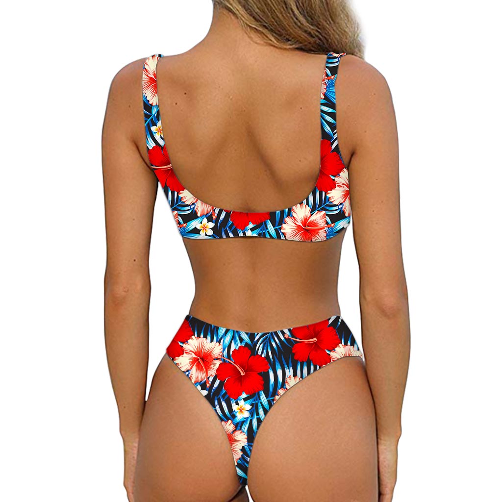 Turquoise Leaves Hibiscus Pattern Print Front Bow Tie Bikini