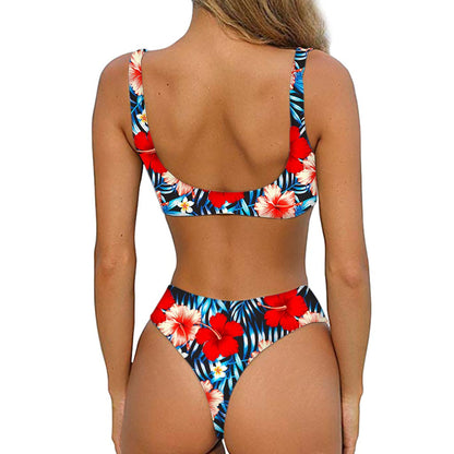 Turquoise Leaves Hibiscus Pattern Print Front Bow Tie Bikini