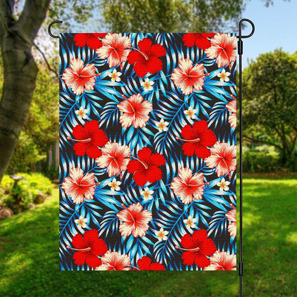 Turquoise Leaves Hibiscus Pattern Print Garden Flag