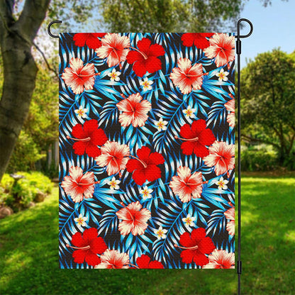 Turquoise Leaves Hibiscus Pattern Print Garden Flag