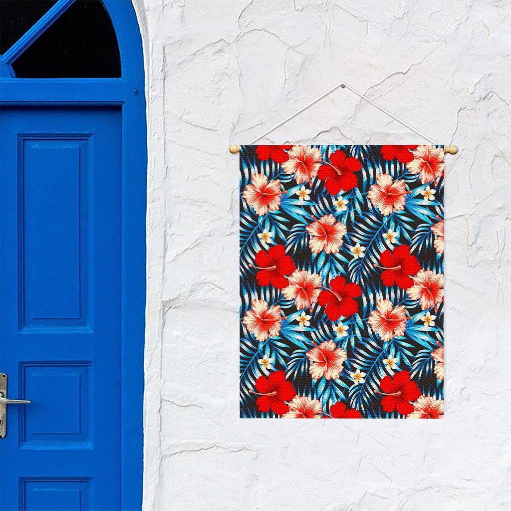 Turquoise Leaves Hibiscus Pattern Print Garden Flag