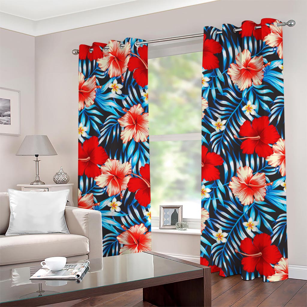 Turquoise Leaves Hibiscus Pattern Print Grommet Curtains