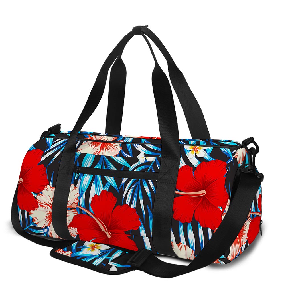 Turquoise Leaves Hibiscus Pattern Print Gym Bag