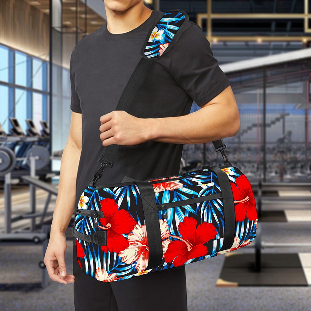 Turquoise Leaves Hibiscus Pattern Print Gym Bag
