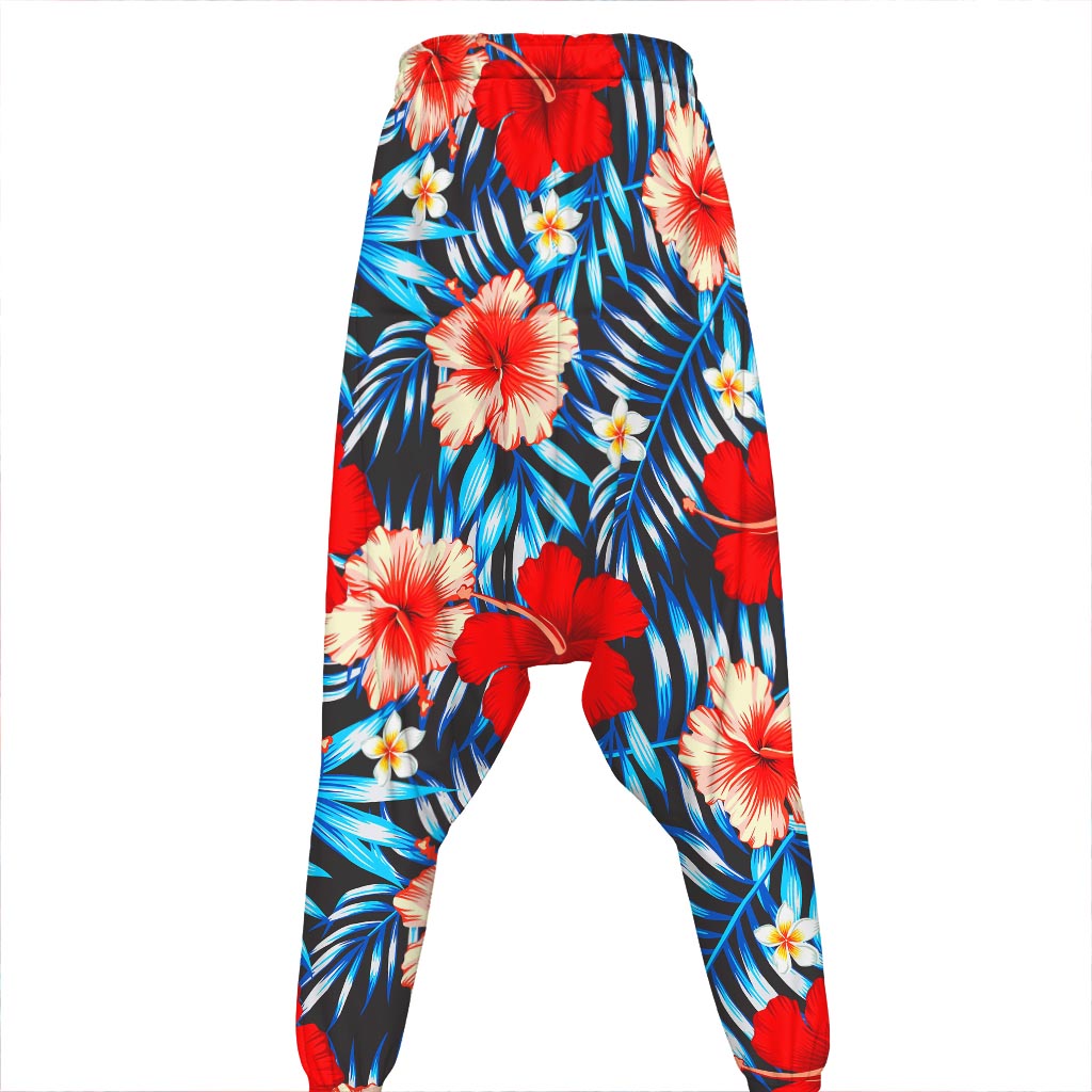 Turquoise Leaves Hibiscus Pattern Print Hammer Pants