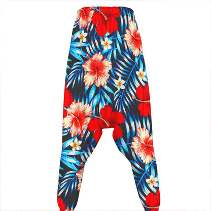 Turquoise Leaves Hibiscus Pattern Print Hammer Pants