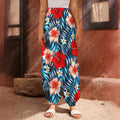 Turquoise Leaves Hibiscus Pattern Print Harem Pants