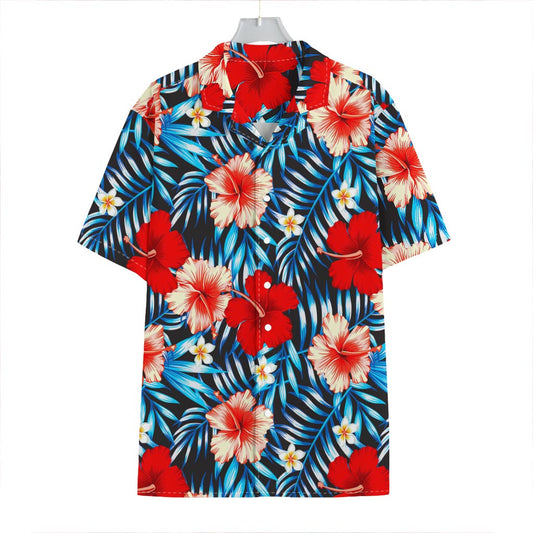 Turquoise Leaves Hibiscus Pattern Print Hawaiian Shirt