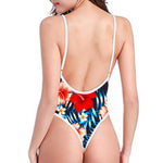 Turquoise Leaves Hibiscus Pattern Print High Cut One Piece Swimsuit