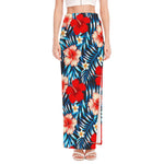 Turquoise Leaves Hibiscus Pattern Print High Slit Maxi Skirt