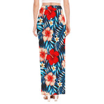 Turquoise Leaves Hibiscus Pattern Print High Slit Maxi Skirt