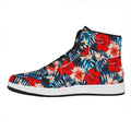 Turquoise Leaves Hibiscus Pattern Print High Top Leather Sneakers