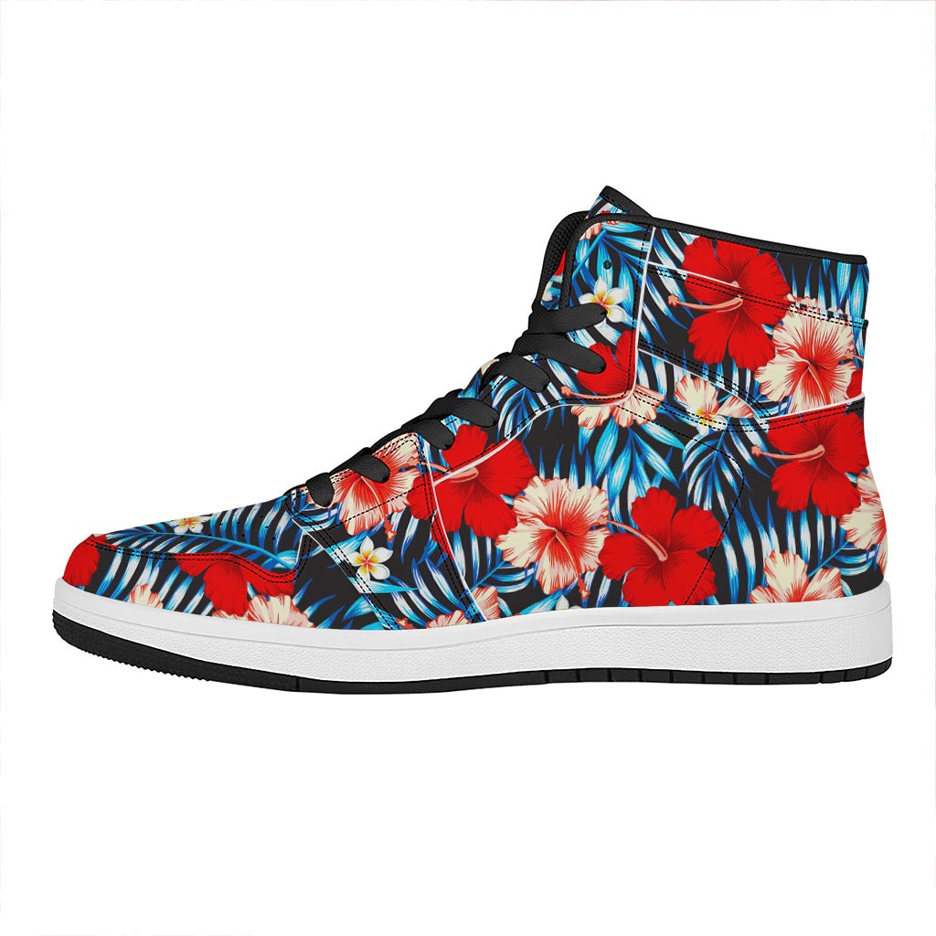 Turquoise Leaves Hibiscus Pattern Print High Top Leather Sneakers