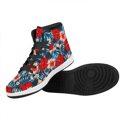 Turquoise Leaves Hibiscus Pattern Print High Top Leather Sneakers