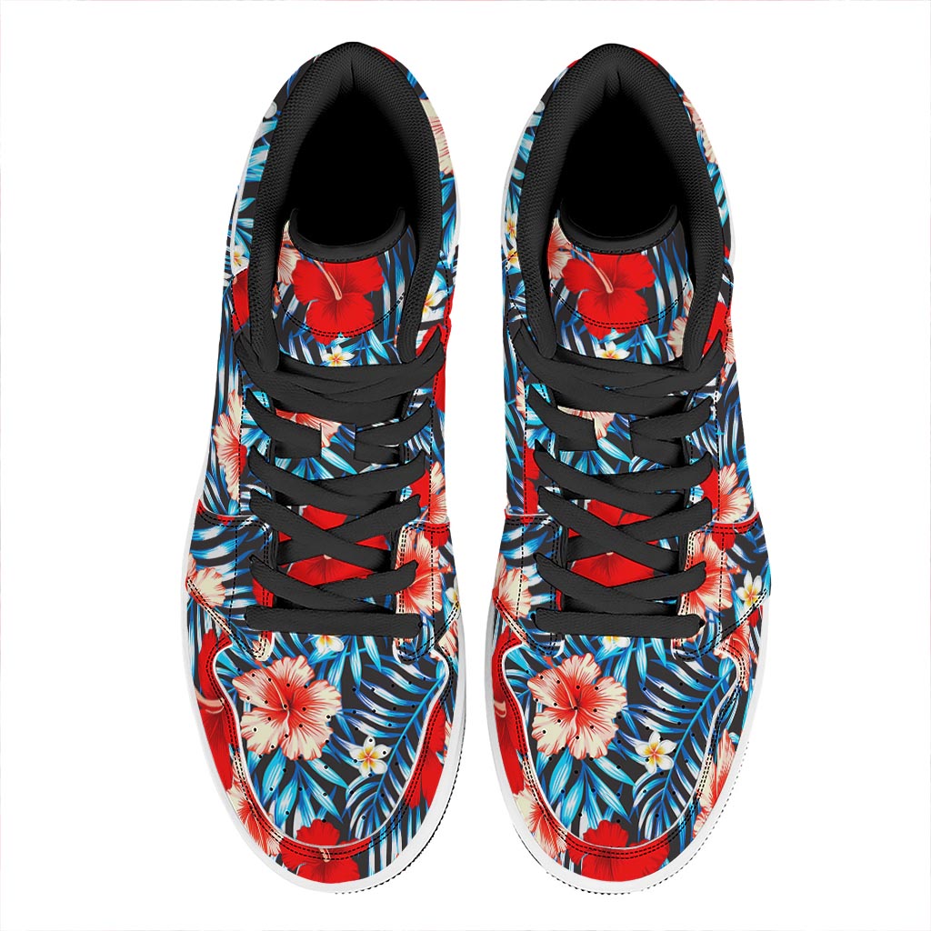 Turquoise Leaves Hibiscus Pattern Print High Top Leather Sneakers