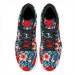 Turquoise Leaves Hibiscus Pattern Print High Top Leather Sneakers