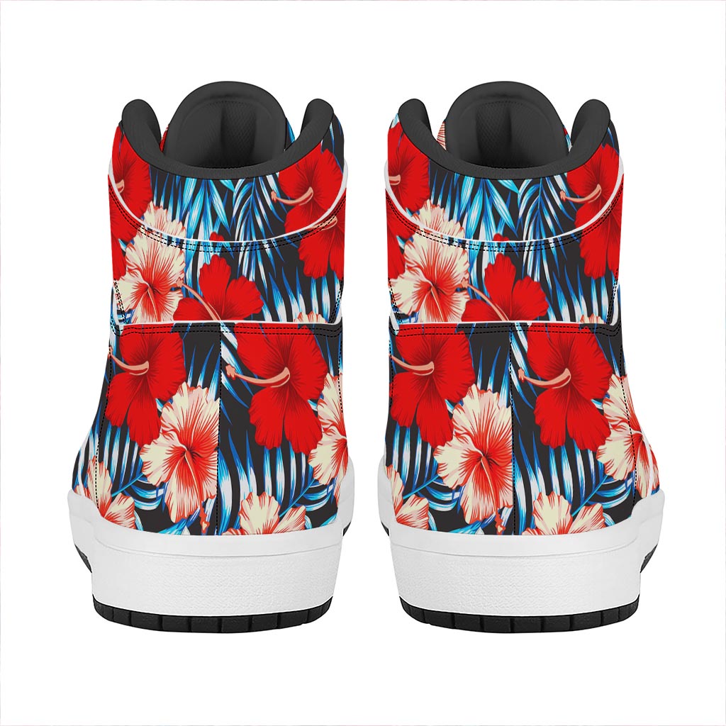 Turquoise Leaves Hibiscus Pattern Print High Top Leather Sneakers