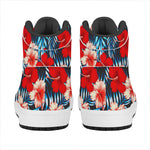 Turquoise Leaves Hibiscus Pattern Print High Top Leather Sneakers