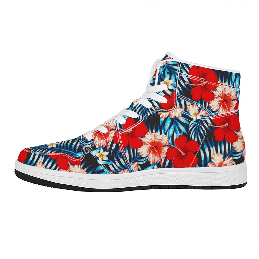 Turquoise Leaves Hibiscus Pattern Print High Top Leather Sneakers