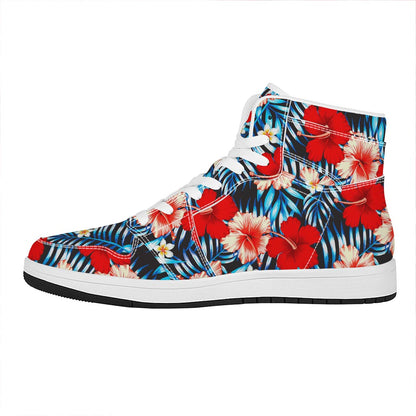 Turquoise Leaves Hibiscus Pattern Print High Top Leather Sneakers