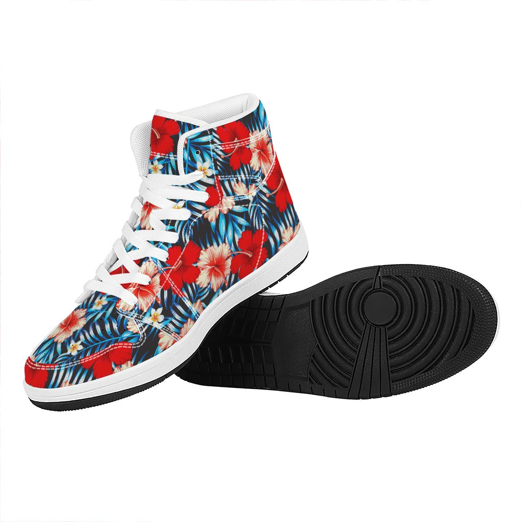 Turquoise Leaves Hibiscus Pattern Print High Top Leather Sneakers