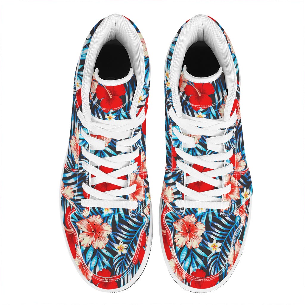 Turquoise Leaves Hibiscus Pattern Print High Top Leather Sneakers
