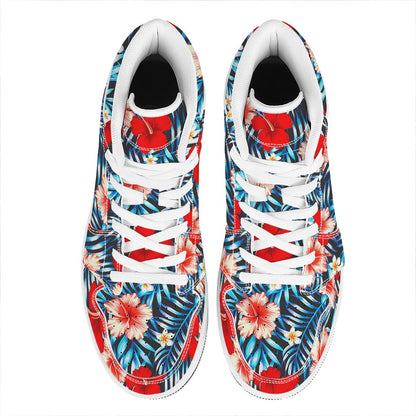 Turquoise Leaves Hibiscus Pattern Print High Top Leather Sneakers