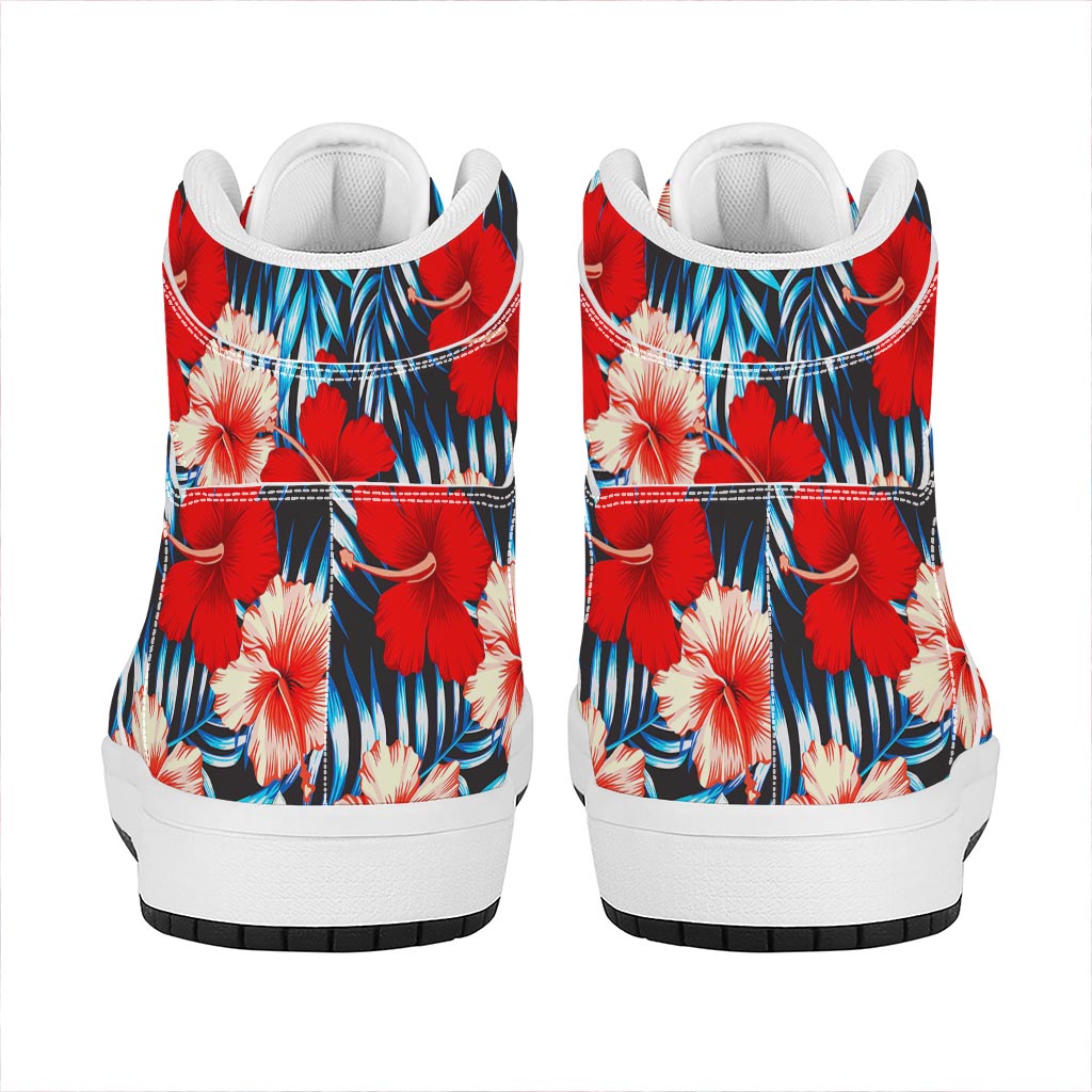 Turquoise Leaves Hibiscus Pattern Print High Top Leather Sneakers