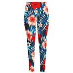 Turquoise Leaves Hibiscus Pattern Print High-Waisted Pocket Leggings
