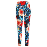 Turquoise Leaves Hibiscus Pattern Print High-Waisted Pocket Leggings
