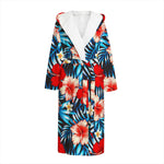 Turquoise Leaves Hibiscus Pattern Print Hooded Bathrobe