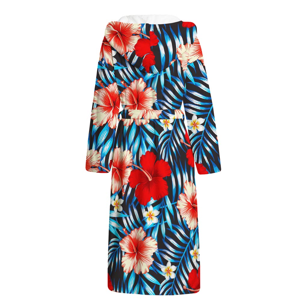 Turquoise Leaves Hibiscus Pattern Print Hooded Bathrobe