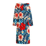 Turquoise Leaves Hibiscus Pattern Print Hooded Bathrobe