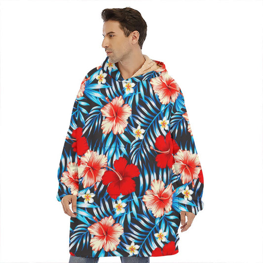 Turquoise Leaves Hibiscus Pattern Print Hoodie Blanket