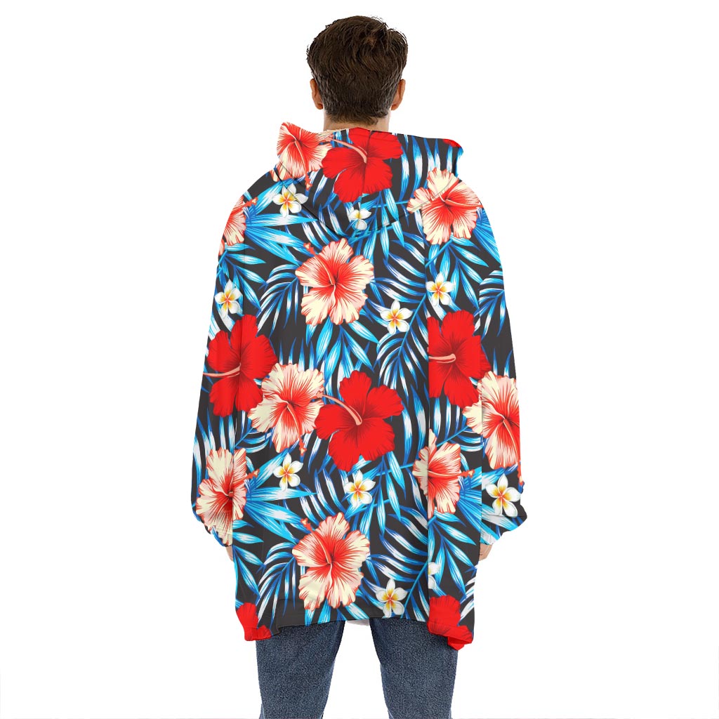 Turquoise Leaves Hibiscus Pattern Print Hoodie Blanket