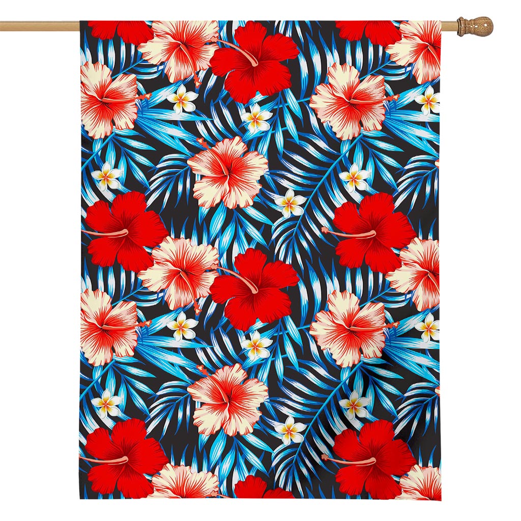 Turquoise Leaves Hibiscus Pattern Print House Flag