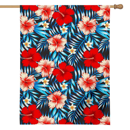 Turquoise Leaves Hibiscus Pattern Print House Flag