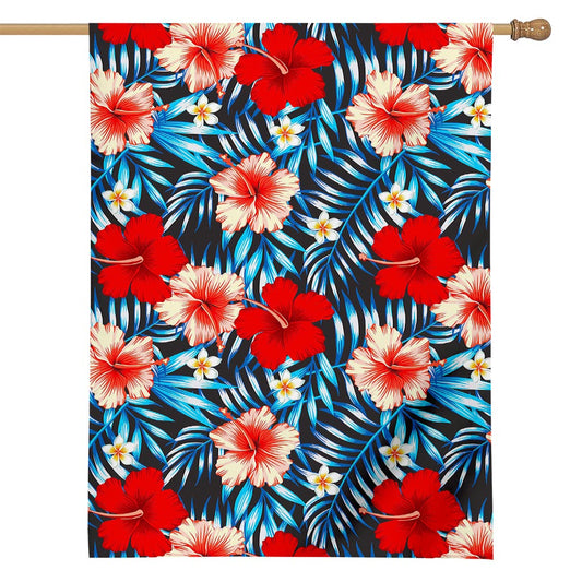 Turquoise Leaves Hibiscus Pattern Print House Flag