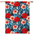 Turquoise Leaves Hibiscus Pattern Print House Flag