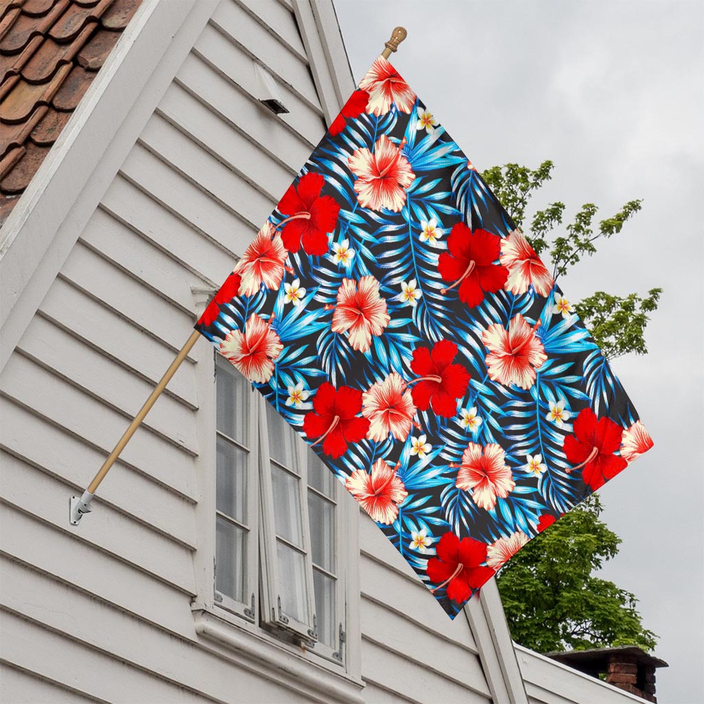 Turquoise Leaves Hibiscus Pattern Print House Flag